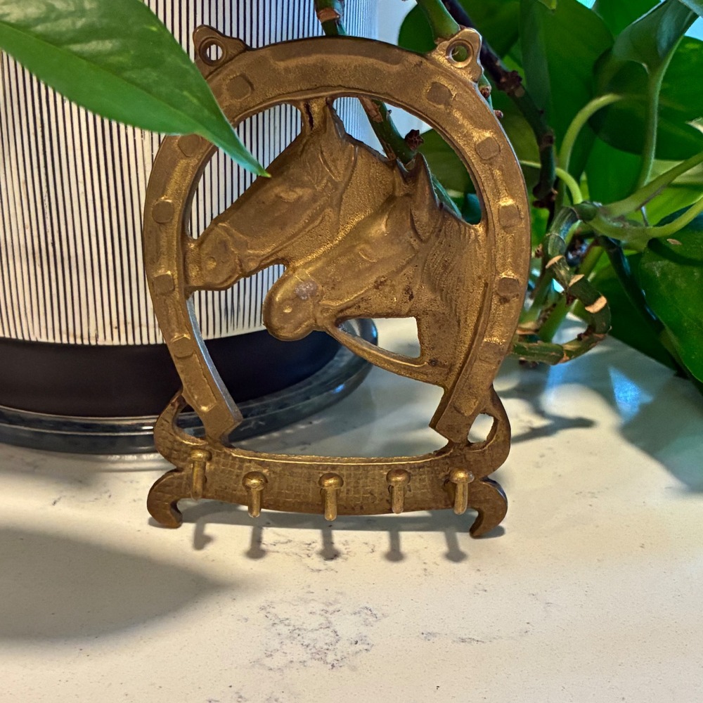 Key Rack Brass Horse Head Horseshoe 5 Hook Wall Mount Decor Equestrian Western